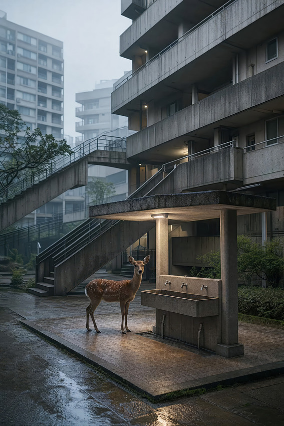 Deer in an urban Japanese City surreal mood