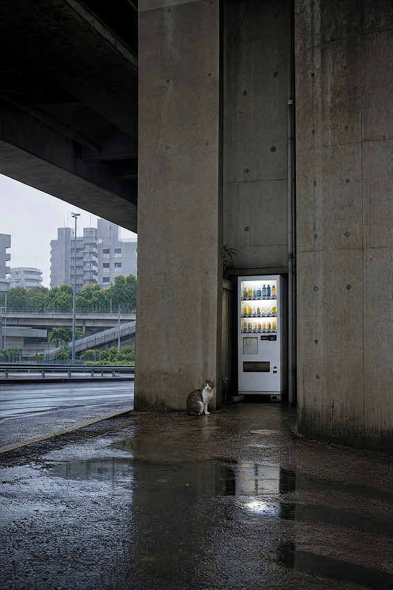 Vending Machine and Cat in an urban setting