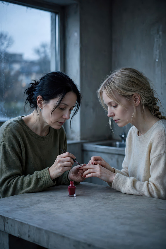 Two women one is painting the fingernails of the other woman