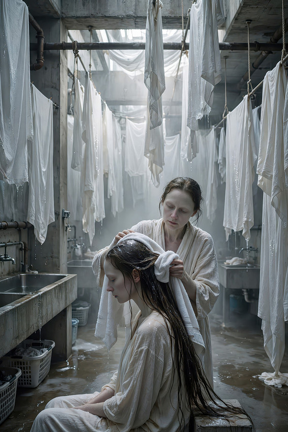 Two women in a washing room
