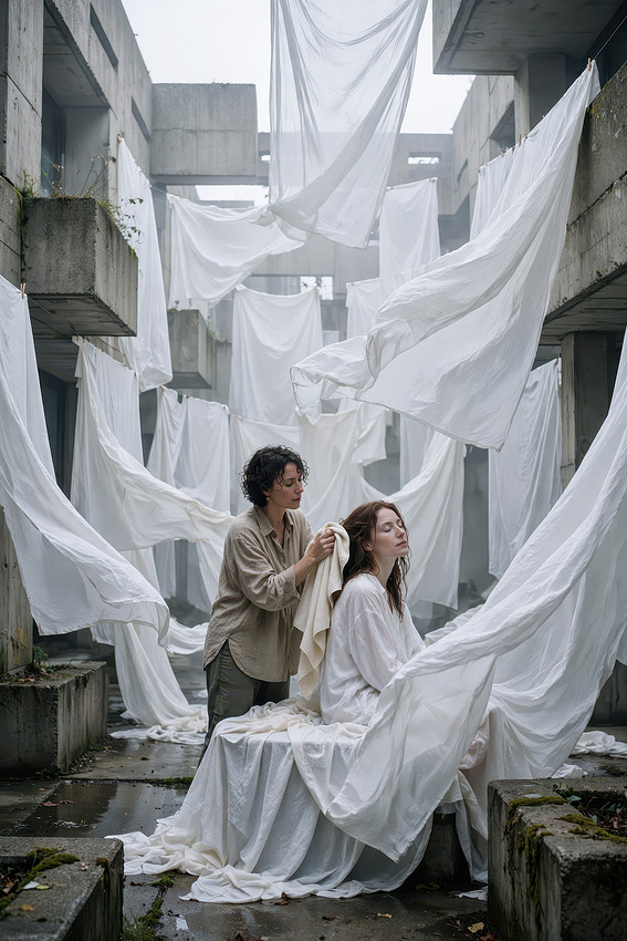Two women with white sheets in a brutalist courtyard