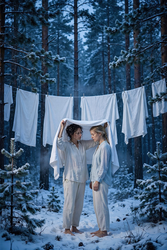 Two women with white sheets in a winter forest