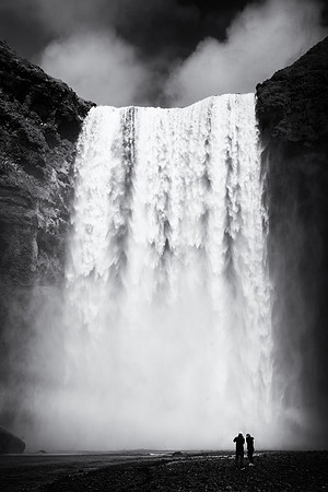 Waterfall Skogafoss in Iceland black and whit