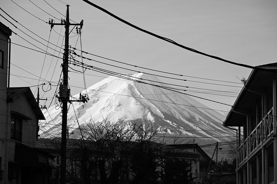 Mount Fuji and Power Lines Japan Black and White Photography